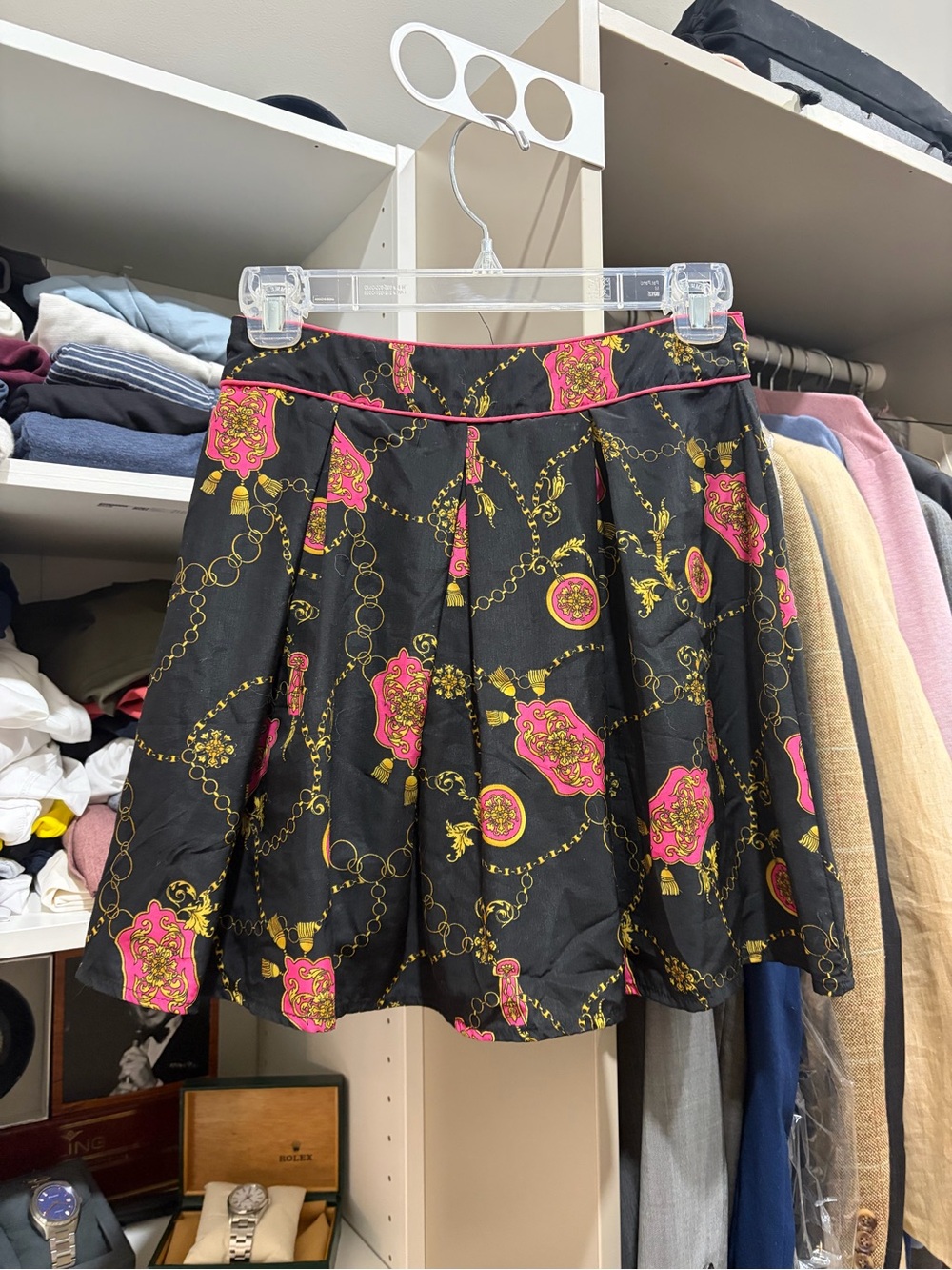 Womens Black Pleated Skirt with Pink & Gold Chain Print